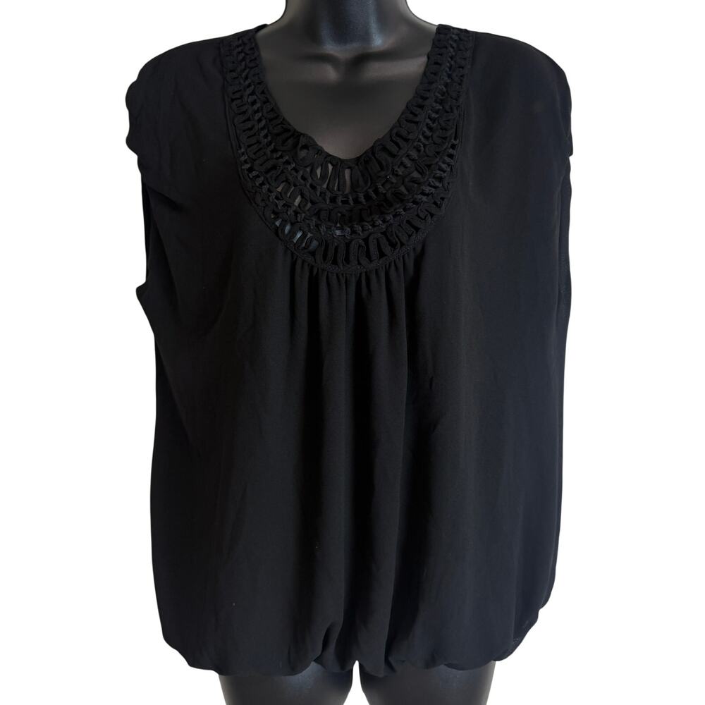 Studio M Womens Black Blouse Large Crochet Neck Boho Peasant Top NWT New